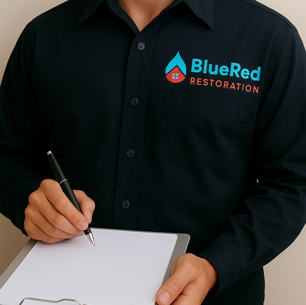 Technician performing water damage restoration in Chesterton IN living room