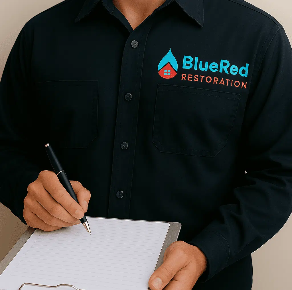 Technician performing water damage restoration in Chesterton IN living room