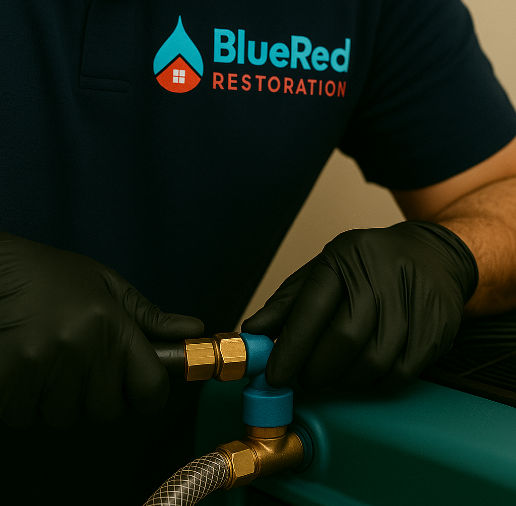 Technician connecting hoses for restoration - Water extraction equipment drying carpet during Chesterton-South Bend water damage cleanup"