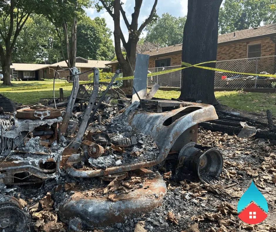 Storm‑related fire and smoke damage inside a home after lightning or power surges.