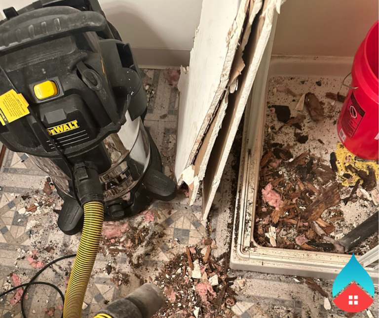 ire damage assessment showing soot residue on ceiling and structural materials