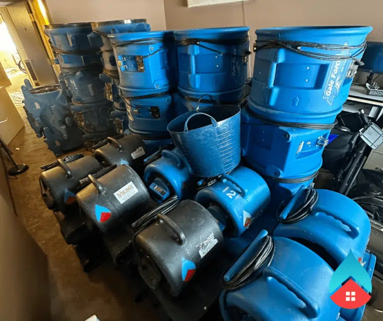 A BlueRed Restoration technician stands beside a row of industrial air movers and dehumidifiers inside a water-damaged room. The technician wears a branded uniform and holds a clipboard, documenting the drying process for an insurance claim. The equipment is actively running, with visible moisture damage on walls and flooring. The scene emphasizes professional mitigation, moisture control, and insurance-ready documentation.
