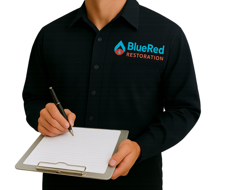 A BlueRed Restoration technician in a dark uniform holds a clipboard and pen, ready to document property damage. The uniform features the BlueRed Restoration logo—a blue water droplet with a red house icon—on the chest.