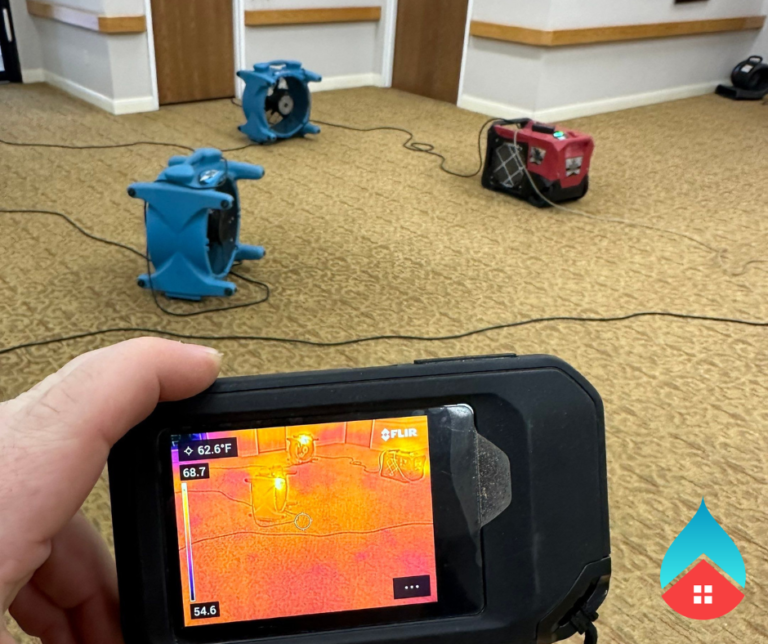Technician performing a whole‑home moisture assessment in a Niles, MI property, using professional meters to inspect walls, floors, and hidden areas for water damage and elevated moisture levels.