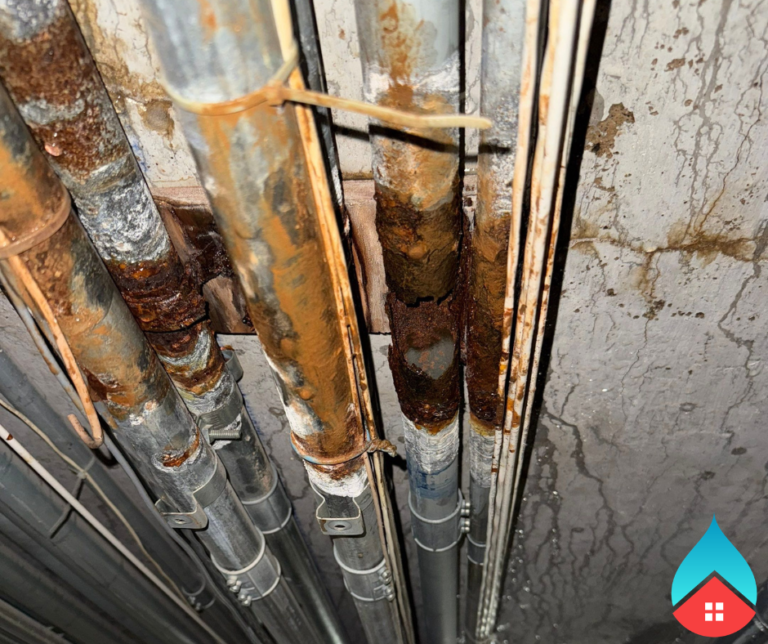 Corroded utility lines undergoing rust removal and encapsulation