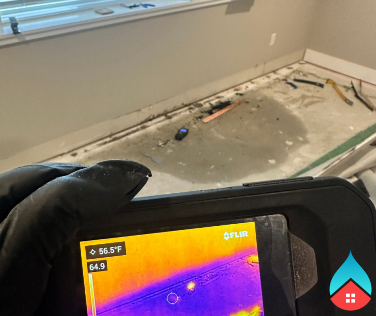 Technician inspecting a Niles, MI basement for groundwater seepage, using moisture‑detection tools to identify below‑grade water intrusion and begin moisture control to protect structural materials.