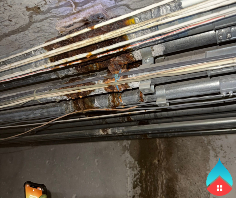Corroded utility lines undergoing rust removal and encapsulation by BlueRed Restoration