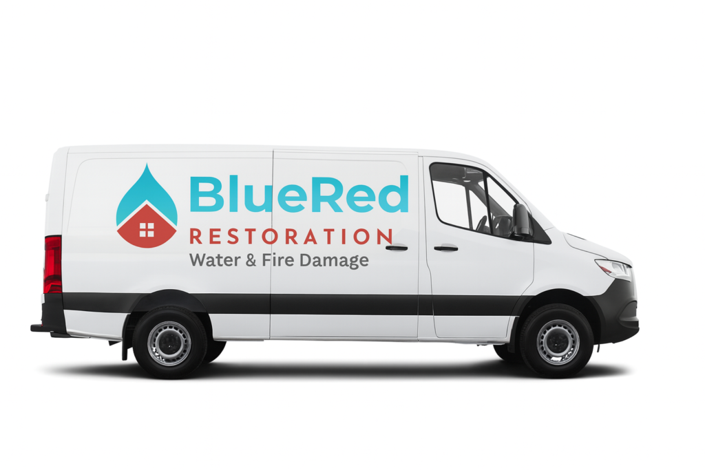 BlueRed Restoration technician documenting water damage for an insurance claim in a Rochester home.