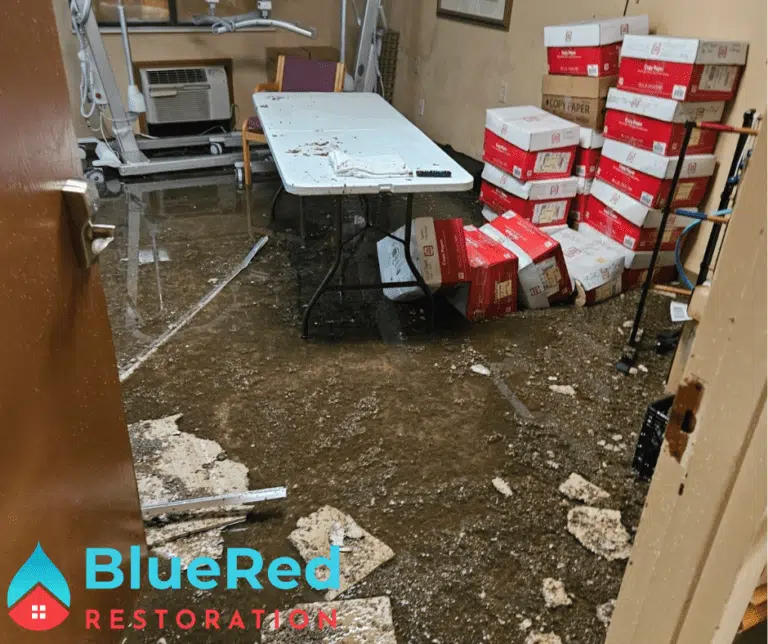 Flooded room with damaged furniture -Flooded basement cleanup with pumps and dehumidifiers in Chesterton home
