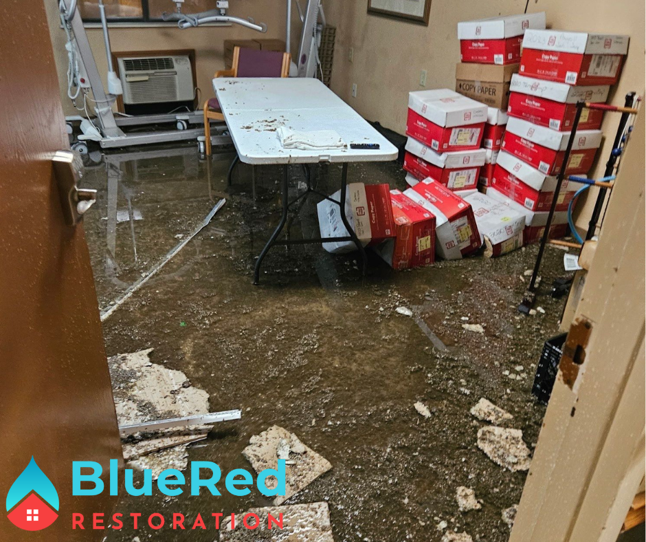 Flooded room with damaged furniture -Flooded basement cleanup with pumps and dehumidifiers in Chesterton home