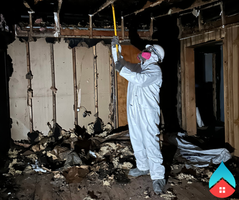 Restoration crew cleaning soot and smoke residue after a residential fire.