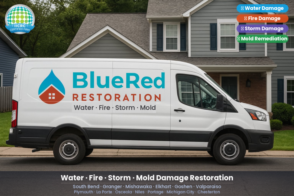 A white BlueRed Restoration service van featuring the company logo and Water · Fire · Storm · Mold Damage Restoration branding, parked in front of a two-story residential home. IICRC Certified Firm badge displayed. Serving South Bend, Granger, Mishawaka, Elkhart, Goshen, Valparaiso and surrounding Indiana communities.