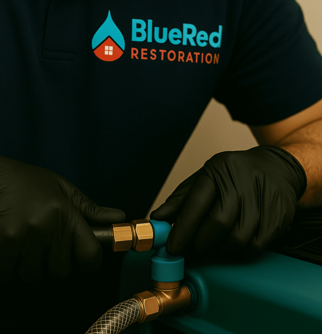 Technician connecting hoses for restoration - Water extraction equipment drying carpet during Chesterton-South Bend water damage cleanup"